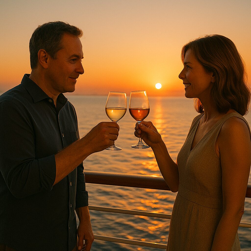 Couple clinking glasses on a cruise balcony, Mediterranean horizon at sunset, cinematic lifestyle vibe.