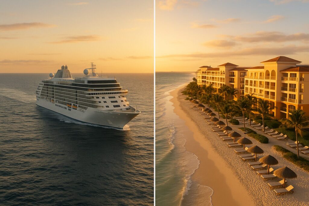 Split screen image: luxury cruise ship at sea vs beachfront all-inclusive resort, both at golden hour.