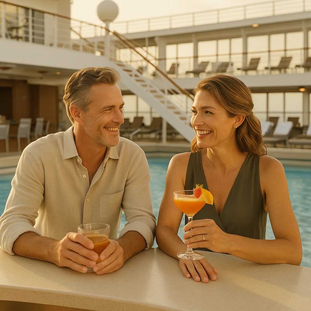 Couple enjoying cocktails at a poolside bar on a cruise ship, warm tropical light, casual-luxury feel.