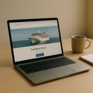 laptop-book-cruise Clean laptop screen with a single cruise booking site open, clear “Book Now” button, minimalist desk setup, calm natural light.