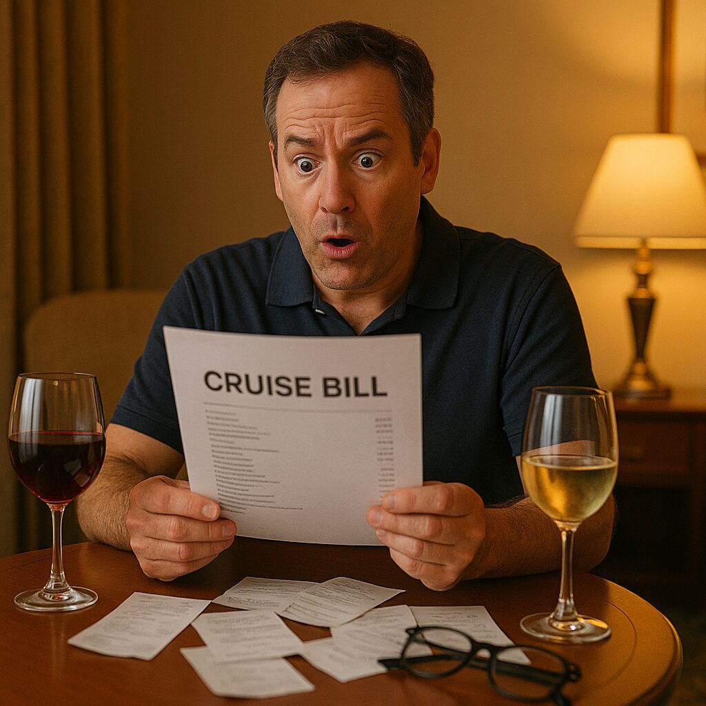 Traveler surprised while reviewing cruise bill, receipts and glasses of wine on the table.