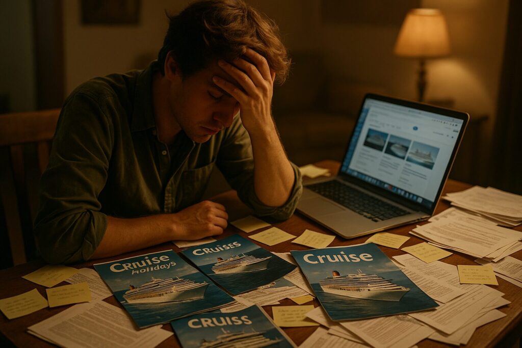 traveler sitting at a cluttered desk Laptop with many tabs open on cruise booking sites, sticky notes and coffee mug, slightly cluttered workspace
