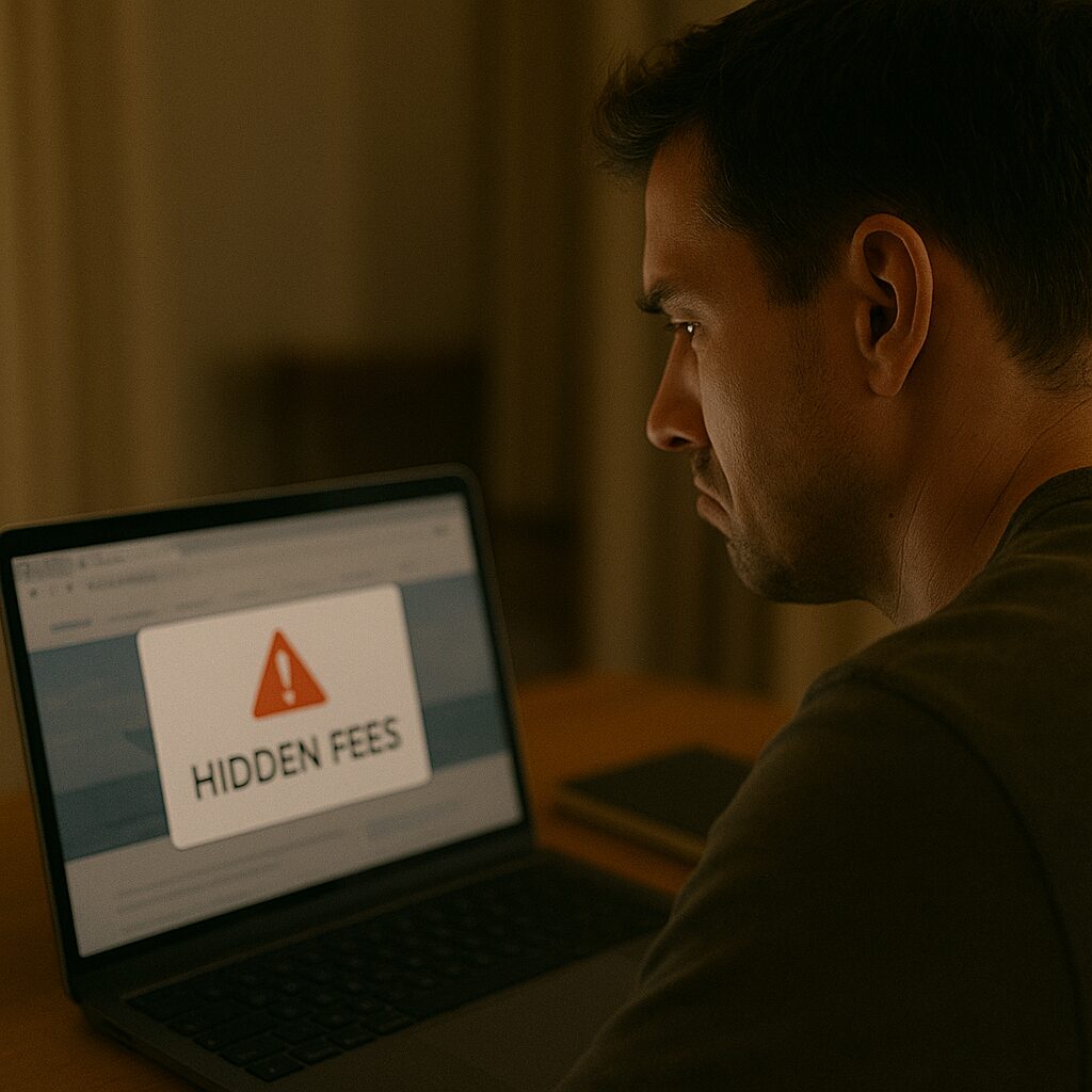traveler-seeing-hidden-fees Booking page showing hidden fees popup, traveler looking disappointed.